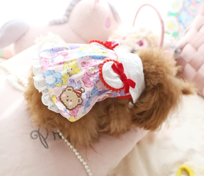 Elegant Princess Bear Printed Dress Cotton Tutu with Rabbit Ears for Small, Extra Small Dog Teddy, Pug, Chihuahua, Shih Tzu, Yorkshire Terriers Pink S
