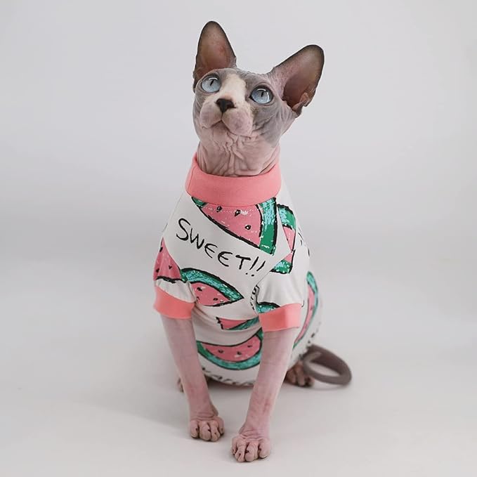 Sphynx Hairless Cat Cute Summer Cotton T-Shirts Pet Clothes,Round Collar Kitten Shirts Cats Apparel (Pink Watermelon, Small (Pack of 1))