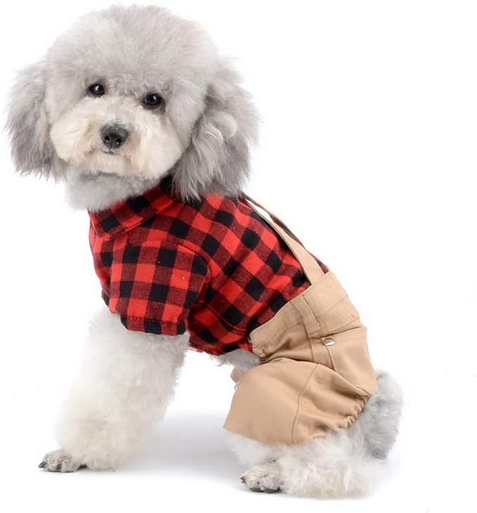 SMALLLEE_LUCKY_STORE Pet Clothes for Small Dog Cat Red Plaid Shirts Sweater with Khaki Overalls Pants Jumpsuit Outfits S