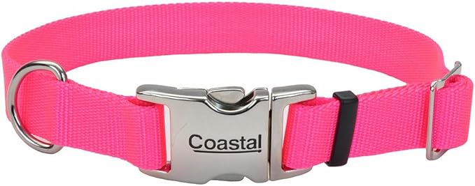 Coastal Pet Adjustable Dog Collar with Metal Buckle - Comfortable Fade-Resistant Dog Collar with Snap Lock - Perfect for Walking & Tie Outs - Neon Pink - 1" x 18" - 26"