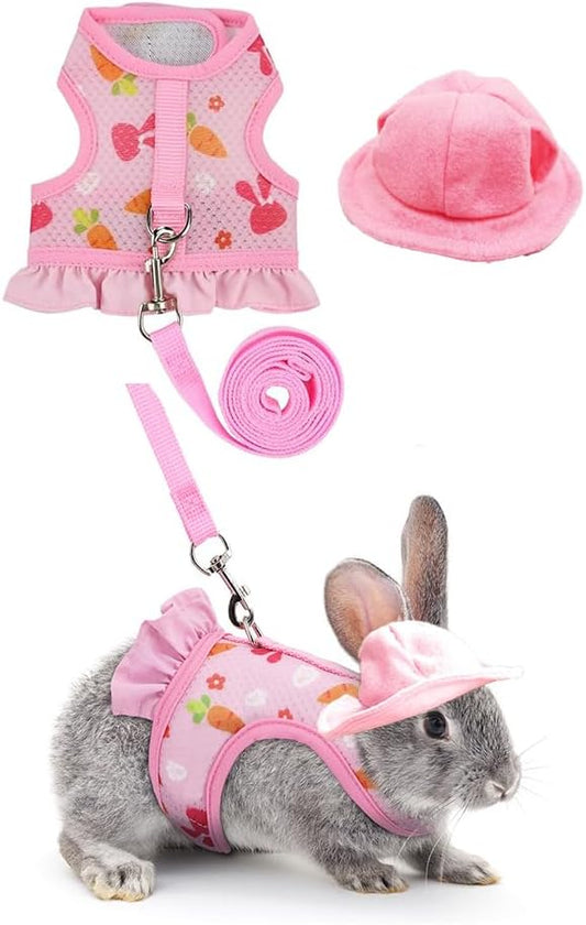 Small Animal Harness Leash & Hat Set - Breathable Mesh, Adjustable Velcro Closure - 3 Colors - Escape-Proof Vest for Bunny, Chinchilla, Guinea Pig, Hamster for All-Season