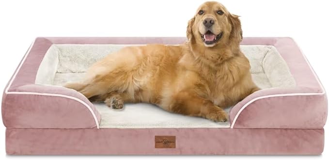 Comfort Expression Waterproof Orthopedic Foam Dog Beds Extra Large Dogs, XL Dog Bed with Bolster, Washable Pet Sofa Couch with Removable Cover & Non-Slip Bottom(X-Large,Pink)