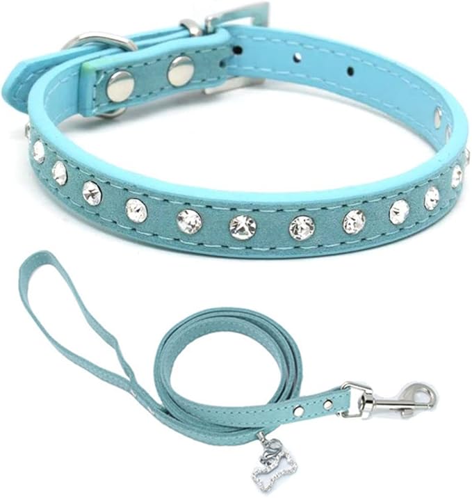 Puppy Collar and Leash with Bling Diamond, Pretty Crystal Sparkly Rhinestone Glitter Jewel Girls Cat Collars for XXS Xs Small Medium Pet Female Dogs Boys Kitten, Blue XSmall