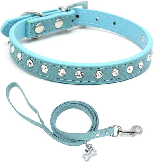 Puppy Collar and Leash with Bling Diamond, Pretty Crystal Sparkly Rhinestone Glitter Jewel Girls Cat Collars for XXS Xs Small Medium Pet Female Dogs Boys Kitten, Blue M