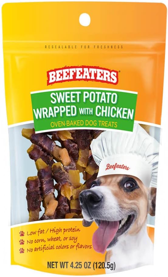 Dog Treats - Sweet Potato Wrapped with Chicken 4.25oz, Case of 6 | Dog Food No Corn/Wheat/Soy/Gluten | Low Fat, Grain-Free, Training & Rewards | Dog Training Treats For All Dog Sizes | BEEFEATERS