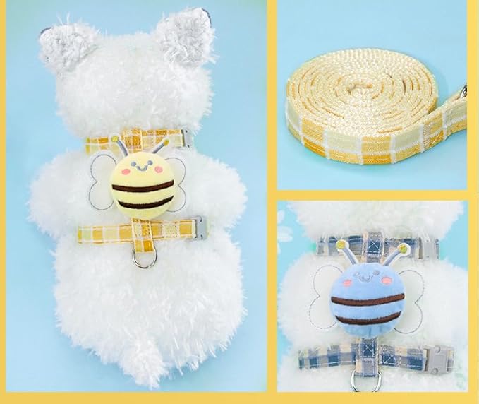 Cat Harness & Leash Set, Cats Escape Proof - Adjustable Kitten Harness for Large Small Cats, Cute Bee Plaid Lightweight Soft Petsafe Harness (Blue Plaid Bee, S (for 3.0-6.5lb))