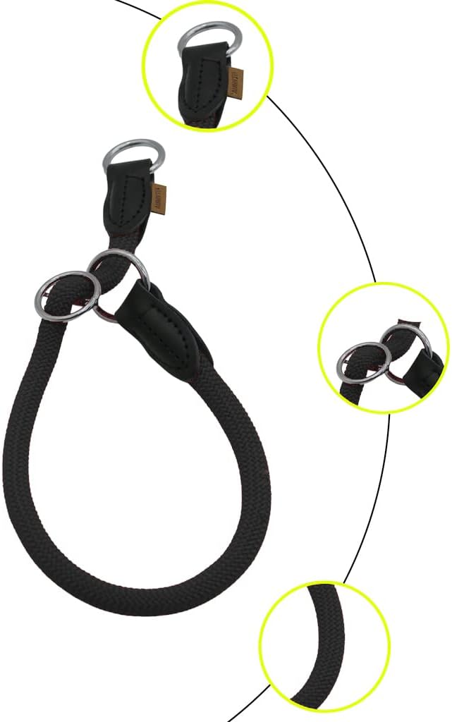 Braided Round Martingale Dog Collar, Training Collar with Slidable Stop Ring - Ideal for Small Dogs (S(1/3") - 16" Long, Black)