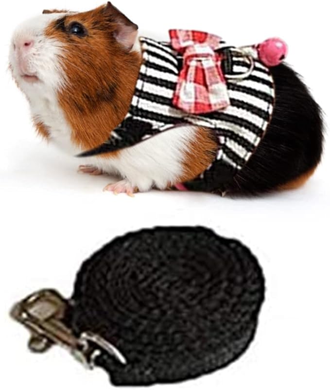 Litewoo Hamster Vest Harness and Leash Set Outdoor Walking Cute Bow-knot and Clear Bell Decor Chest Strap Harness for Rabbit Guinea Pig Chinchilla Ferret Squirrel Marten Kitten (MEDIUM,Black Stripe)