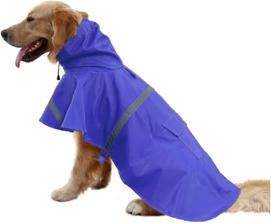 Large Dog Raincoat Adjustable Pet Waterproof Clothes Lightweight Rain Jacket Poncho Hoodies with Strip Reflective(Dark Blue,L)