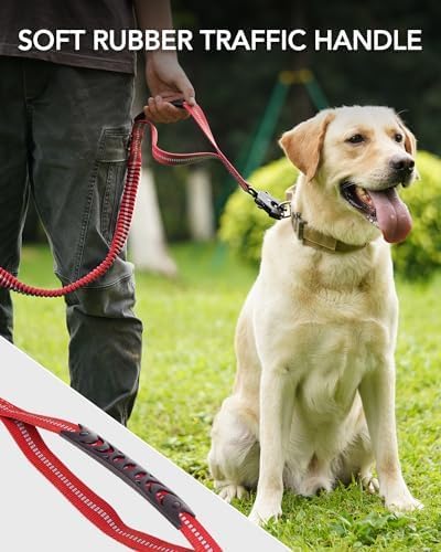 Joytale Tactical Dog Leash Heavy Duty, 4-6FT Shock Absorbing Bungee Lead with 2 Padded Handle, Metal Carabiner Clip, Car Seatbelt, Strong No Pull Leash for Medium Large X-Large Dogs, Red