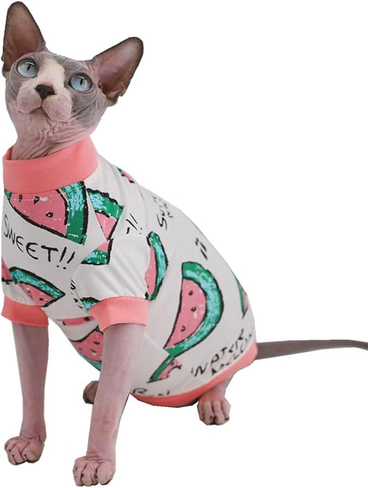 Sphynx Hairless Cat Cute Summer Cotton T-Shirts Pet Clothes,Round Collar Kitten Shirts Cats Apparel (Pink Watermelon, Small (Pack of 1))