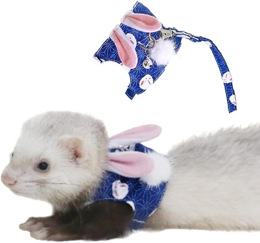 Ferret Harness and Leash Set with Bell - Small Animal Accessories - Bunny Ears Costume for Baby Rabbit, Guinea Pig and Small Pets - Blue