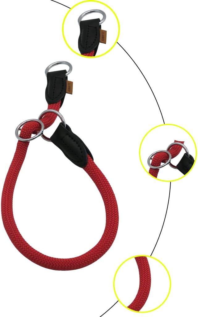 Braided Round Martingale Dog Collar, Training Collar with Slidable Stop Ring - Ideal for Large Dogs (L(1/2") - 22" Long, Red)