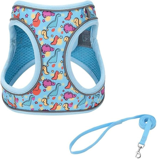 XXS Blue Dinosaur Pattern Dog Harness and Leash Set,No Escape Puppy Harnesses for Training Walking,Breathable Adjustable Puppy Vest for Small Medium Dogs, Cats (Blue, XXS)