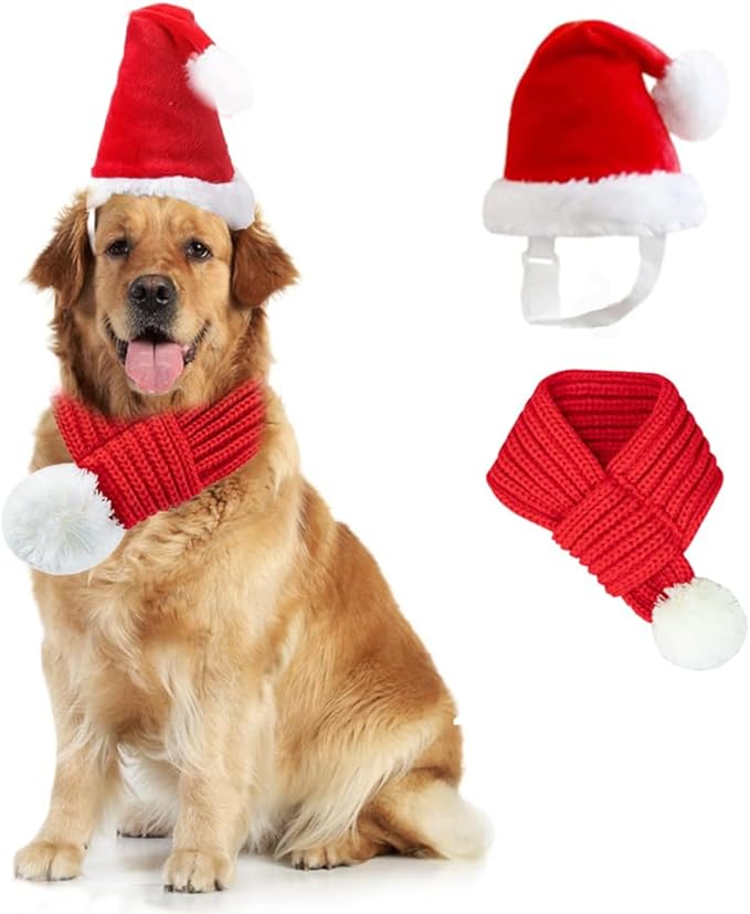 ANIAC Dog Santa Hat with Scarf Kids Xmas Cap Doggy Christmas Costume Pet Warm Headgear and Neck Accessories for Medium Big Dogs and Kids (Large)