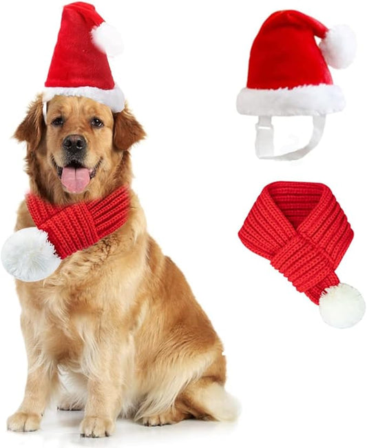 ANIAC Dog Santa Hat with Scarf Kids Xmas Cap Doggy Christmas Costume Pet Warm Headgear and Neck Accessories for Medium Big Dogs and Kids (Large)