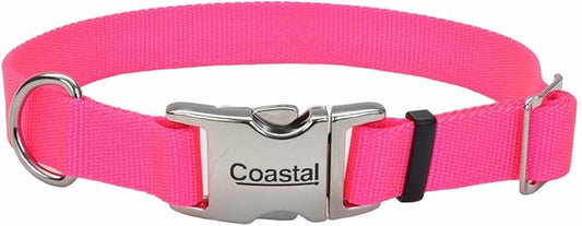 Coastal Pet Adjustable Dog Collar with Metal Buckle - Comfortable Fade-Resistant Dog Collar with Snap Lock - Perfect for Walking & Tie Outs - Neon Pink - 5/8" x 10"-14"