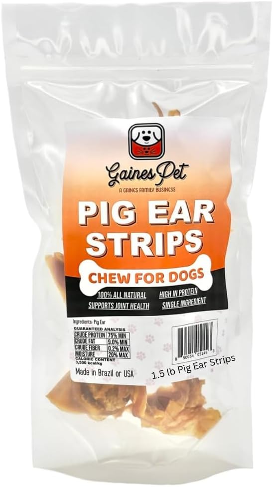 Gaines Pet Pig Ear Strips for Dogs – 1.5 lb Bag, Grass-Fed, Free-Range, High-Protein & Low-Fat Chews – Natural, Easily Digestible Treats for All Dog Breeds, Supports Dental & Oral Health