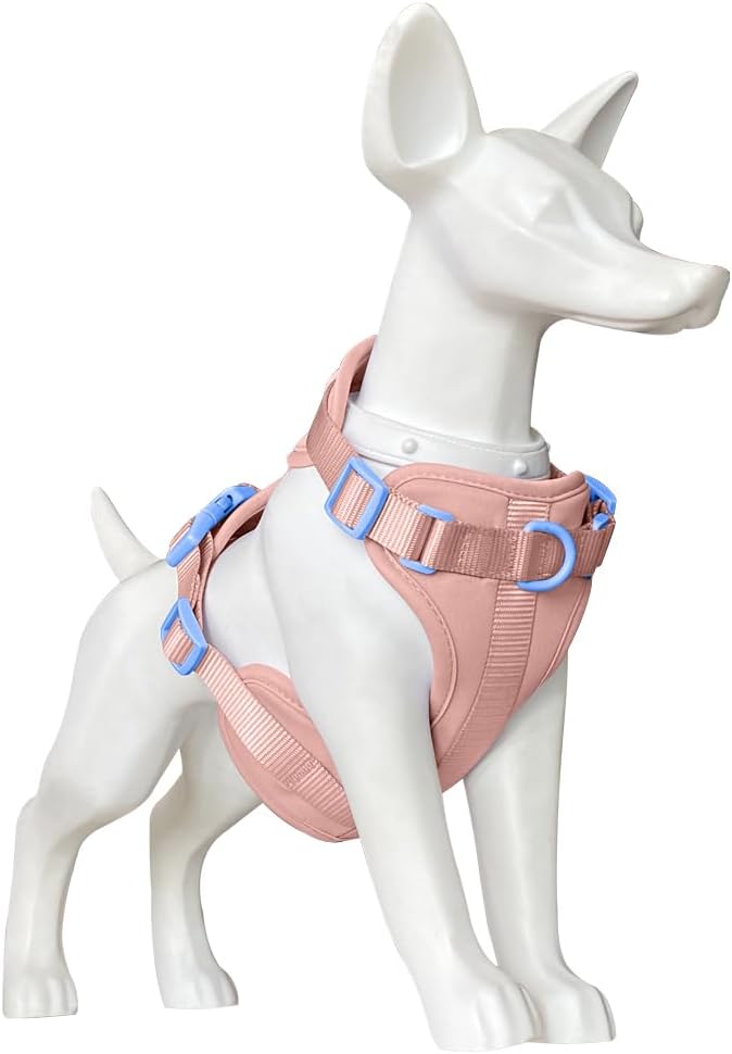 King Macks Dog Harness Set with Collar and Leash, Waste Bag Holder and Dirty Waste Bag Clip, Adjustable for Small/Medium/Large Dogs, Lightweight (Pink Sands with Blue, Small)