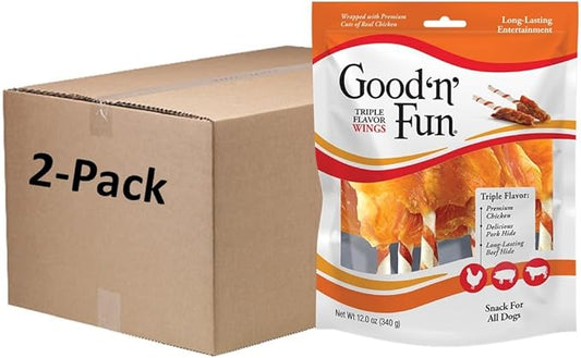 Good ‘n’ Fun Triple Flavor Wings Chews for All Dogs, 12 Ounces, Treat Your Dog to Long-Lasting Chews Made with Chicken, Pork Hide and Beef Hide, Pack of 2