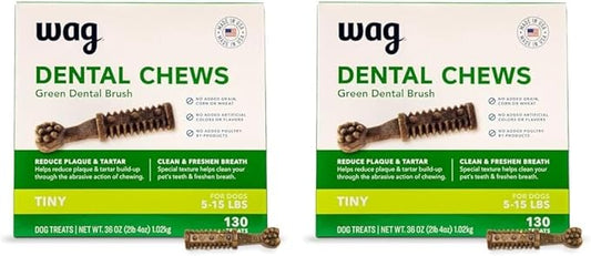 Amazon Brand - Wag Dental Dog Treats to Help Clean Teeth & Freshen Breath - Tiny, Unflavored, 2.25 pounds, 130 Count (Pack of 2)