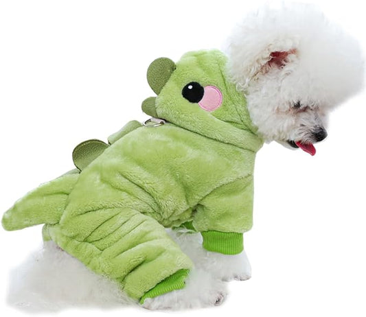 Dinosaur Dog Costume, Winter Dog Pajamas for Small Dogs, Warm Puppy Hoodies, Blue Cold Weather Coat for Cat, Warm Pet Clothes for Christmas Halloween (Green-2, Small)