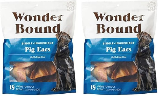 Amazon Brand - Wonder Bound Whole Pig Ears, Single Ingredient, Highly Digestible, Dog Treats for Puppy and Large/Medium Dogs, Pork, 18 Count, 12.7 Ounce (Pack of 2)