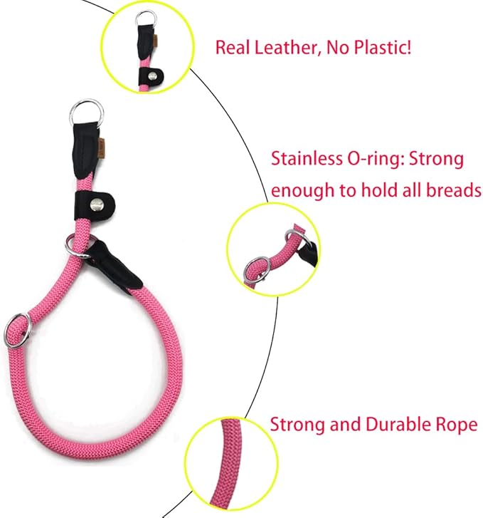 Braided Round Martingale Dog Collar, Training Collar with Slidable Stop Ring and Adjustable Stopper - Ideal for Extra Large Dogs (XL(1/2") - 24" Long, Pink)