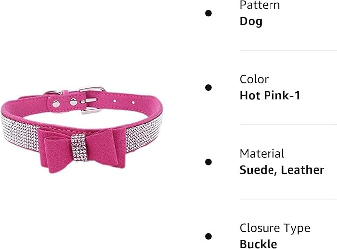 Rhinestone Dog Collar, Cute Dazzling Sparkling Soft Suede Leather Dog Cat Rhinestone Collar Crystal Diamond Pet Dog Puppy Collar (M 32-38 cm, Hot Pink-1)