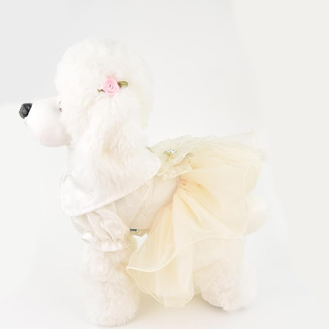 FLAdorepet White Dog Tutu Dress Skirt with Leash Ring,Dog Clothes for Small Dogs Girl,Formal Pet Wedding Attire Dresses, Cat Bridal Outfit Costume (White Bow, X-Small)