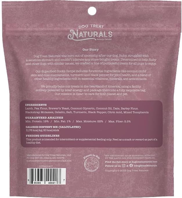 Lamb & Date Superfood Sticks for Dogs | All-Natural Premium Training Dog Treats | Contains Turmeric for Joint Health | Made with Real Lamb & Date | Made in USA | 10 Ounces
