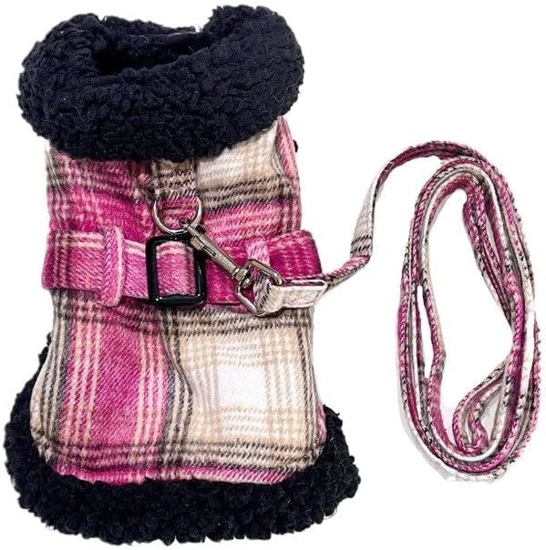 Sherpa-Lined Dog Harness Coat (Small, Hot Pink & Tan Plaid)