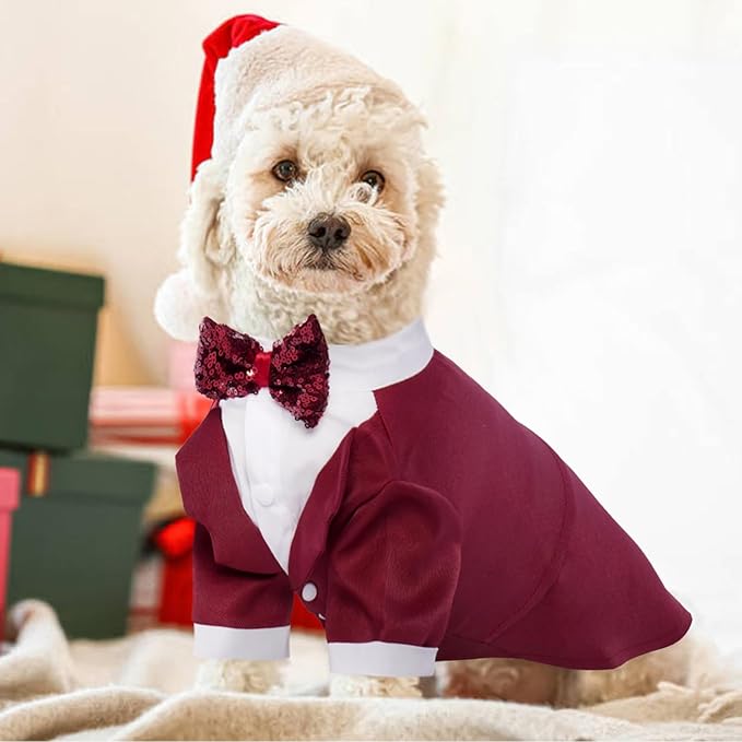 Kuoser Dog Tuxedo,Dog Wedding Suit with Bow Tie Formal Dogs Tux Pet Wedding Party Birthday Costume,Doggy Valentines Christmas Halloween Graduation Outfit Cosplay for Small Medium Large Dogs,Red 2XL