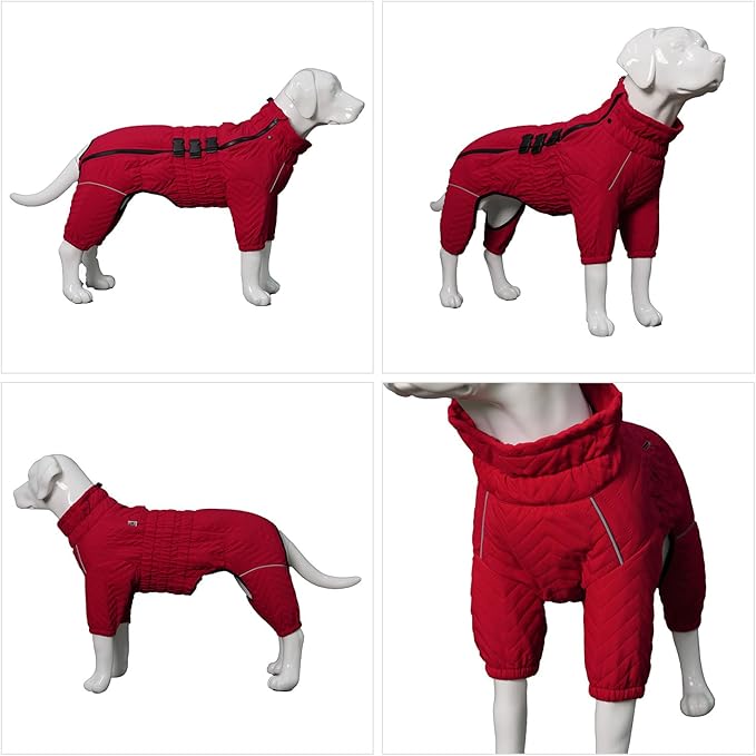 Warm Dog Coat Double Layers Dog Vest, 4 Legs Covered Windproof Waterproof Reflective Warm Dog Vest Outdoor Skating Dog Costume for Small Medium Large Dogs Red 5XL