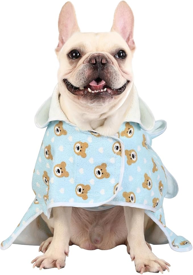 HDE Dog Bathrobe Super Absorbent Quick Drying Towel with Hood for All Dog Breeds Sizes S-XXL - Teddy Bears - M