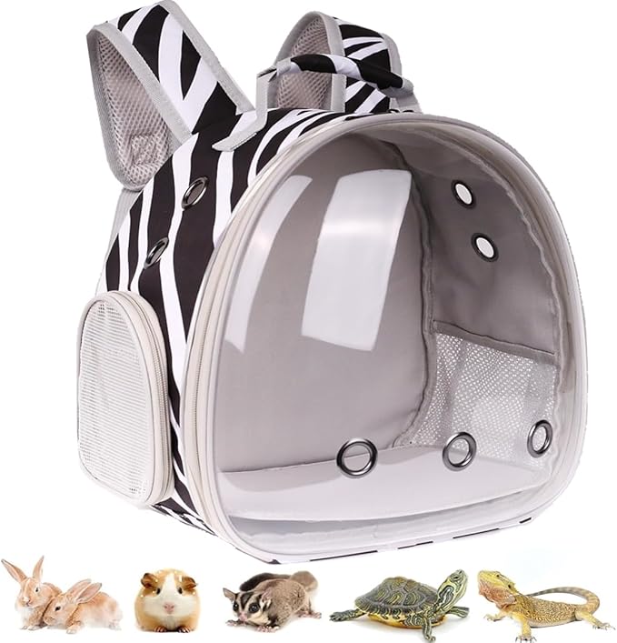 Portable Small Animal Backpack with Zebra Printing, Space Capsule Bubble Pet Carrier Cage Travel for Guinea Pig, Rabbit, Hamster, Bird, Bearded Dragon, Sugar Glider, Squirrel, Tortoise, Lizard