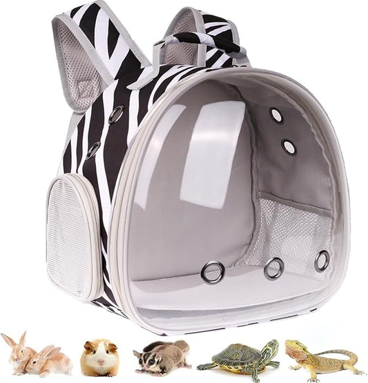 Portable Small Animal Backpack with Zebra Printing, Space Capsule Bubble Pet Carrier Cage Travel for Guinea Pig, Rabbit, Hamster, Bird, Bearded Dragon, Sugar Glider, Squirrel, Tortoise, Lizard