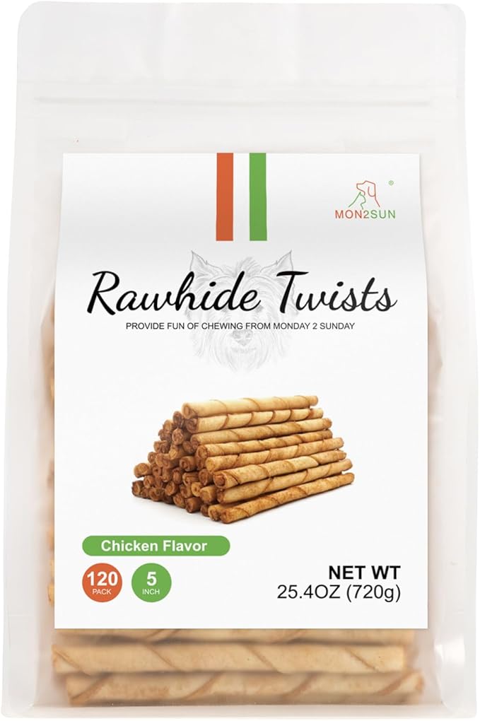 MON2SUN Dog Rawhide Twist Sticks Chicken Flavor 5 Inch Thin Sticks Rawhide Chews Treats for Puppy and Small Dogs 120 Count