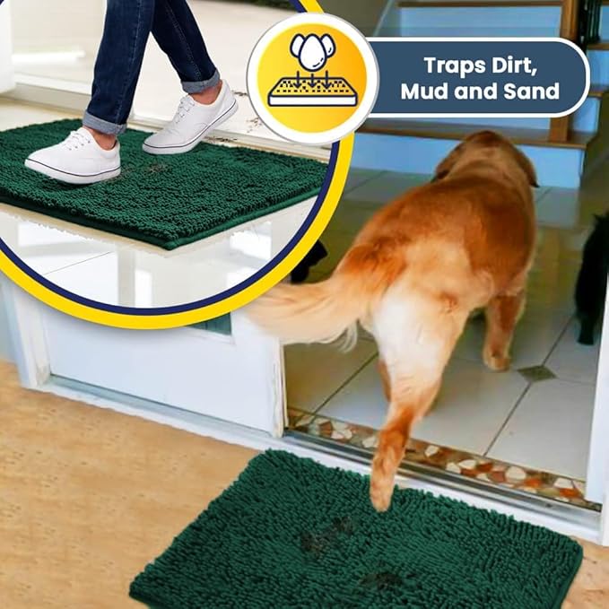 Muddy Mat® Shown on TV – Super Absorbent Microfiber Dog Door Mat for Muddy Paws, Non-Slip Washable Pet Rug, Quick Dry Chenille Entryway Carpet, Machine Washable Indoor Outdoor mat, Dark Green 35"x24"