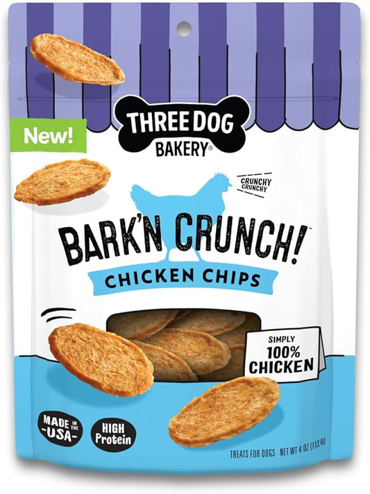 Three Dog Bakery Bark’N Crunch! Chicken Chips, Crunchy Treats for Dogs, Single Ingredient, High Protein Snacks, No Artificial Flavors or Colors, Made in The USA, 4oz