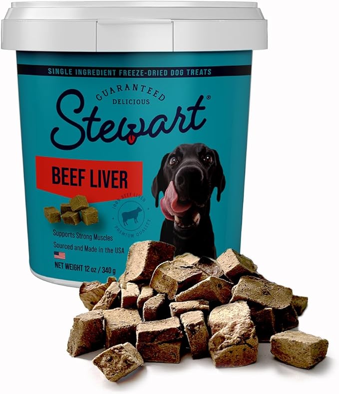 Stewart Single Ingredient Freeze Dried Raw Dog Treats, Beef Liver, 12 Ounce Resealable Tub, Training Treats or Meal Topper for All Size Dogs, High Protein, Grain-Free, Gluten-Free