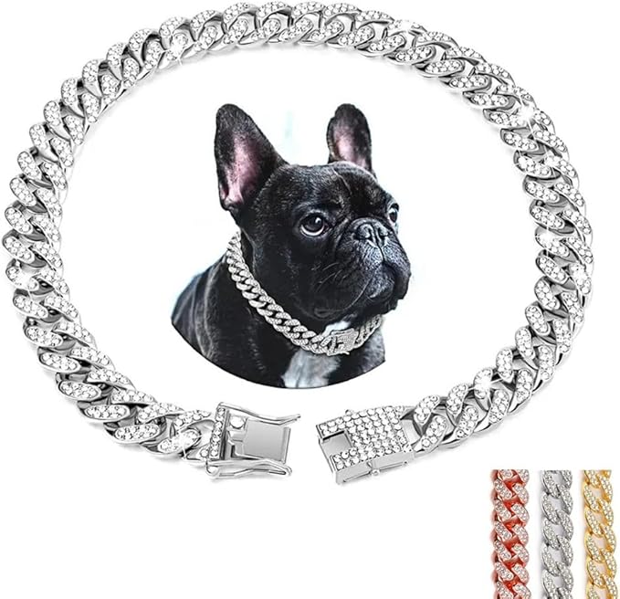 Sliver Dog Necklace, Glitter Rhinestone Sparkly Bling Diamond Metal Cuban Link Dog Chain for Small Medium Large Pet Dogs, 16 inch
