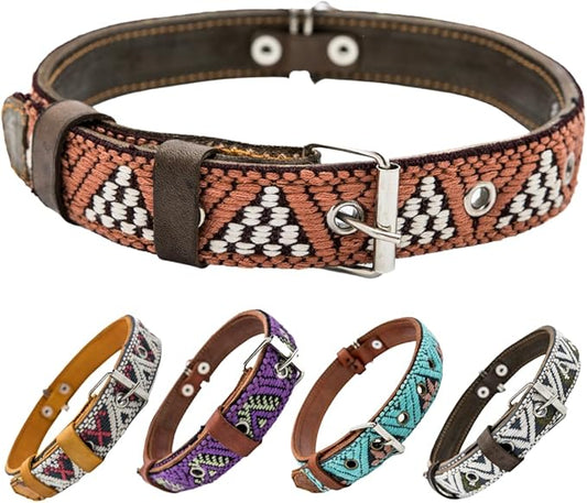 Western Dog Collar - Leather Embroidered Design for Small Medium Large Dogs & Puppy Pets - Aztec Southwest for Boy Girl Female & Male Dogs - Collar para Perros Beaded (Large, Brown Rust)