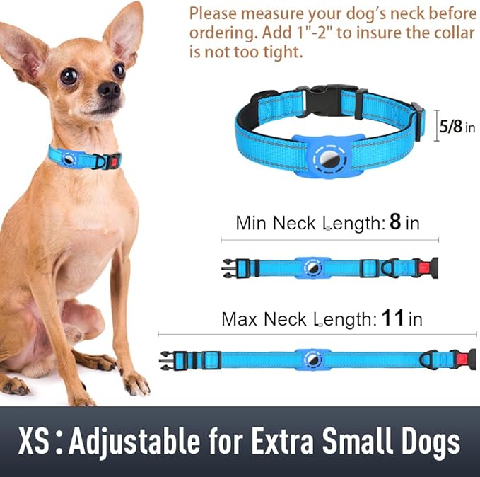 Airtag Dog Collar with AirTag Holder for Puppy Small Dogs, Reflective, Soft Padded & Safety Locking Buckle, Nylon Pet Collars Adjustable for All Breeds, SkyBlue,XS