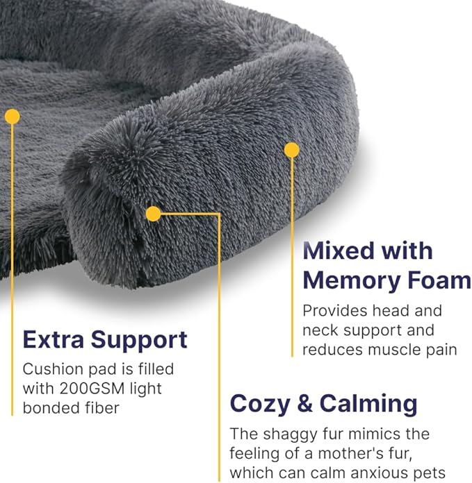 Codi Dog Bed for Couch - Calming Dogs Beds for Medium Pets, Fluffy Plush Cats Mat, Anti Anxiety Pet Mats with Removable Washable Cover Protector for Sofa, Dark Grey, 35x31x5 inches
