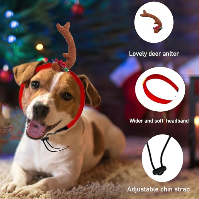 ANIAC Dog Antlers Headband Christmas Dog Outfit for Small Medium Large Dog Reindeer Costumes Pet Elk Head Accessories for Christmas Halloween (Brown, Small)