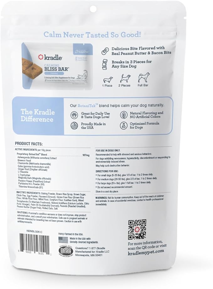 Kradle Bliss Bars - All-Natural Calming Peanut Butter Bars with GABA & L-Theanine for Happy, Relaxed Dogs - 6 Count