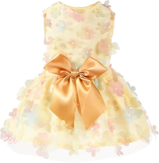 Laifug Dog Dress Puppy Print Princess Dog Dress Cute Party Wear (Yellow, S)