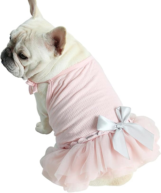 Moorfowl French Bulldog Princess Pink Tutu Dress Summer Vest Gauze Skirt for Pug Corgi Doggie Party Tulle Dress with Bowknot Fashion Outfits (XS(Back 11.02"-11.81",Chest 18.11"-19.68"))
