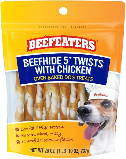 Beefeaters Beefhide 5in Twist with Real Chicken, 26oz – Protein-Rich Dog Treats for Clean Teeth, Ideal for Training & All Dog Sizes